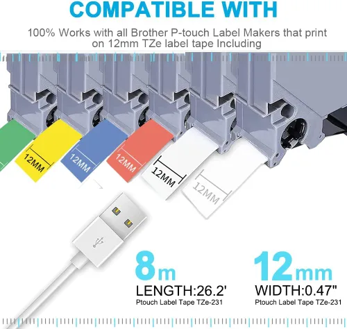 Vista 5 de Cinta de etiquetas de repuesto compatible para Brother TZe-231 TZe-131 TZe-431 TZe-531 TZe-631 TZe-731 0.472 in 0.47 Laminada