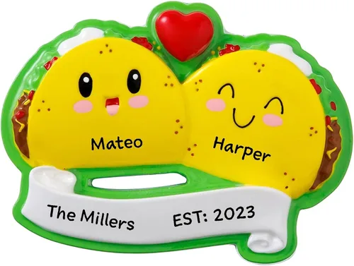 Vista 4 de Tacos - Adorno colgante para árbol de Navidad de familia de 2 2024 – Adorno decorativo personalizado de feliz Navidad de familia mexicana