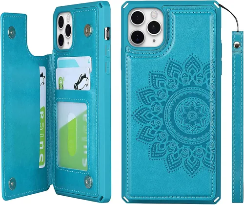 Vista 17 de iCoverCase Funda compatible con iPhone 11 Pro Max con tarjetero para mujer, bloqueo RFID en relieve, piel sintética con correa de muñeca para 11pro