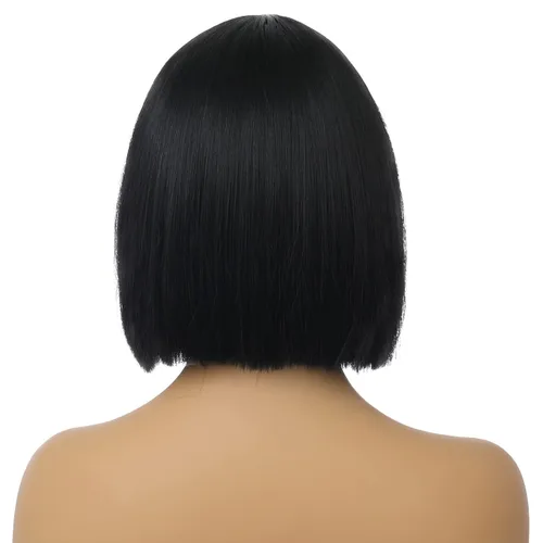 Vista 7 de Pelucas de cabello negro corto y lacio negro para mujer, peluca de cosplay con parte lateral, resistente al calor, pelucas sintéticas de aspecto