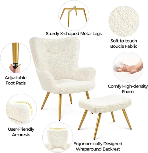 Vista 5 de Yaheetech Juego de silla decorativa y otomana, sillón Sherpa con patas de metal dorado y respaldo alto, reposapiés para sala de estar, salón, Marfil