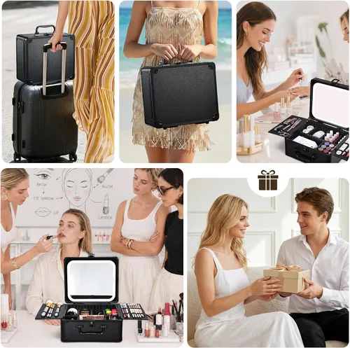 Vista 5 de Faquenc Estuche de maquillaje con espejo iluminado magnético, caja organizadora de maquillaje, estuche de cosméticos de viaje con espejo LED de 3