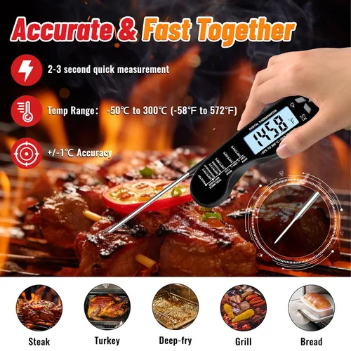 Vista 2 de Termómetro de carne, termómetro digital impermeable IP67 con luz de fondo, función de sujeción e imán para parrilla, barbacoa, dulces, carne de res
