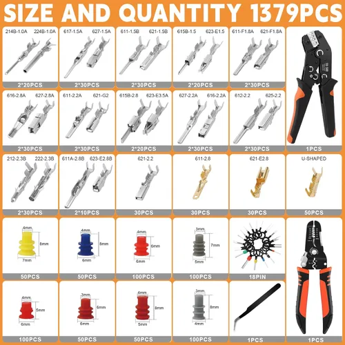 Vista 2 de 1381PCS Pin Connector Kit, Electrical Pins Connectors with Crimp Tool and Wire Strippers,28 Types 1/1.5/1.8/2.2/2.3/2.8/3.5mm Removal Male Female