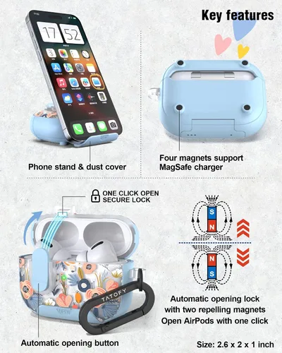Vista 5 de TATOFY Funda para AirPods Pro 2 y Pro con Soporte para Teléfono, Cordón, Bloqueo, Kit de Limpieza, Compatible con Magsafe, Cubierta Rígida de Flores