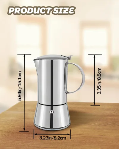 Vista 2 de Cafetera Express de acero inoxidable 304, 2 tazas de 3.3 oz/3.4 fl oz, cafetera italiana para el hogar, cocina y campamento, todas las estufas