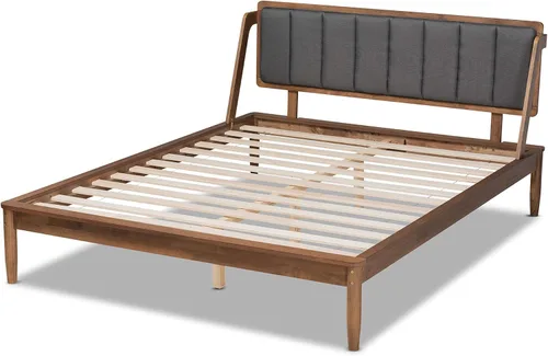 Vista 5 de Baxton Studio Helsa Mid-Century - Cama tapizada de tela gris oscuro y acabado de nogal, tamaño Queen