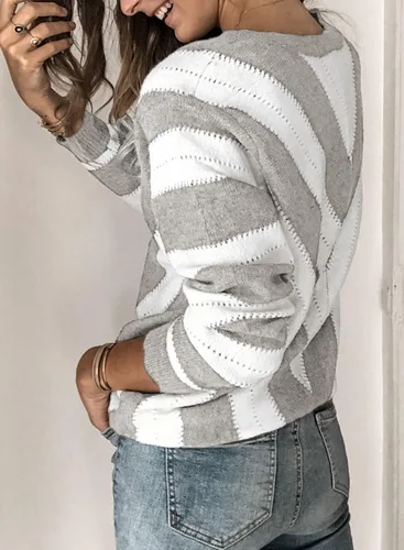 Vista 2 de Asvivid - Suéter de punto y manga larga para mujer, diseño con cuello en V, a rayas y bloques de color, sin botones