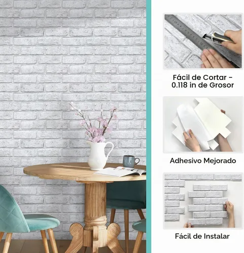 Vista 5 de Commomy Paneles de pared autoadhesivos de ladrillos falsos - 10 piezas de 30 cm x 30 cm de tamaño pequeño, diseño de PVC gris con manchas, papel