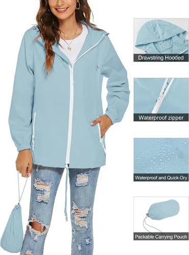 Vista 2 de Avoogue Chaqueta impermeable para mujer, ligera, transpirable, con capucha, rompevientos activos con bolsillo