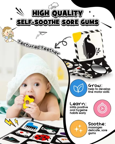 Vista 3 de Baobrava 3 piezas de juguetes para bebés en blanco y negro de alto contraste para recién nacidos, juguete sensorial Montessori para tiempo