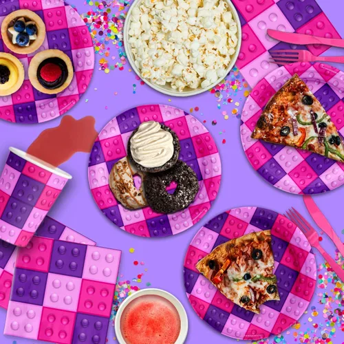 Vista 6 de Bloques de construcción rosados para fiesta de cumpleaños, juego de platos, servilletas, tazas para 16