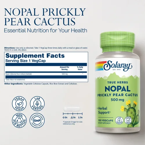 Vista 2 de SOLARAY Nopal - Cápsulas de cactus de tuna – 500 mg por porción, ricas en fibra natural, antioxidantes y carotenoides, proporciona nutrientes clave