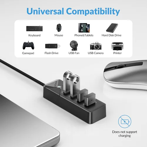 Vista 4 de GiGimundo Hub USB C de 4 puertos para laptop, adaptador multipuerto USB C a USB Hub transferencia de 5 Gbps, divisor USB C para laptop, MacBook Negro