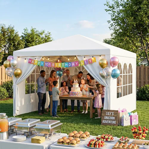 Vista 7 de LEMY Tienda de Fiesta, Carpa Gazebo para Exteriores de 10'x10' con Paredes Laterales Removibles y Ventanas, Tienda Blanca Resistente al Agua
