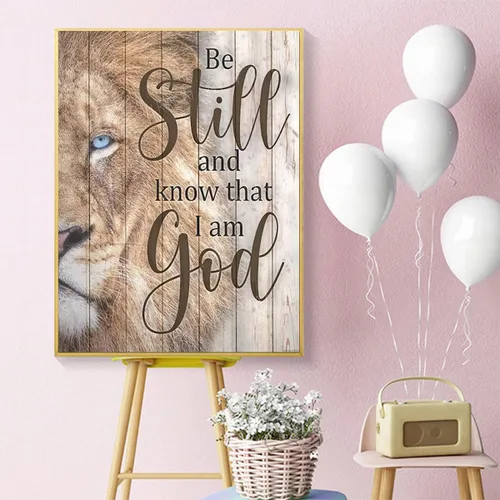 Vista 2 de Pintura de diamante 5D DIY Be Still and Know that I am God Lion Jesus Christian Kits para adultos para decoración de pared del hogar, 12 x 16