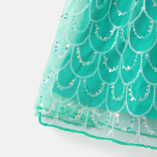 Vista 7 de Disney Princess Toddler Girl Dress, Little Mermaid Ariel Long Sleeve Green Mesh Tutu Dress 3-8 Years