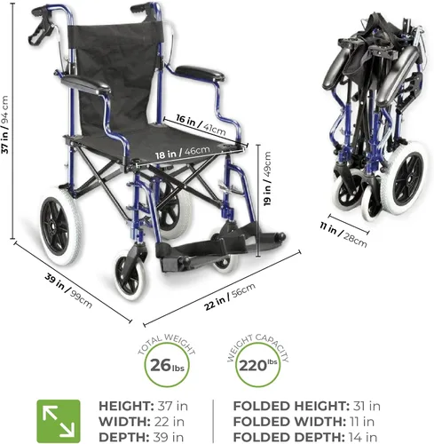 Vista 2 de Fenetic Wellbeing - Silla de ruedas plegable ligera para adultos, pesa 26 libras, silla de ruedas portátil de 18 pulgadas con bolsa de transporte