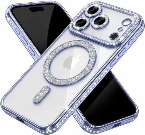 Vista 11 de Funda magnética con purpurina y diamante para iPhone 11 [Compatible con MagSafe] Protector de lente de cámara con brillo de strass, placa de cristal