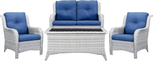 Vista 70 de Belord Mesa auxiliar pequeña para exteriores, mesa de mimbre de vidrio templado, mesa de centro impermeable para patio, mesa auxiliar de ratán