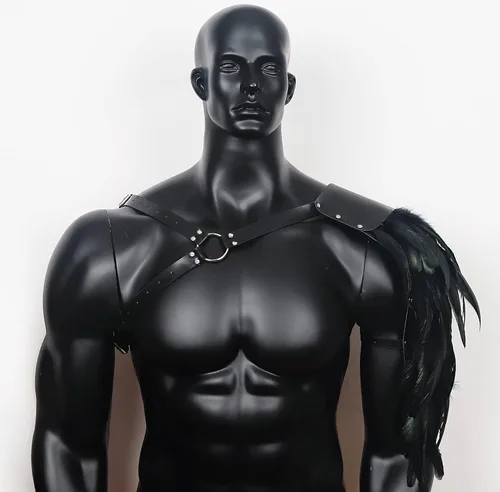 Vista 6 de L'VOW Disfraz de guardias de plumas punk para hombre, ajustable, gótico, de piel sintética, armadura de hombro, vikingo, cosplay para Halloween