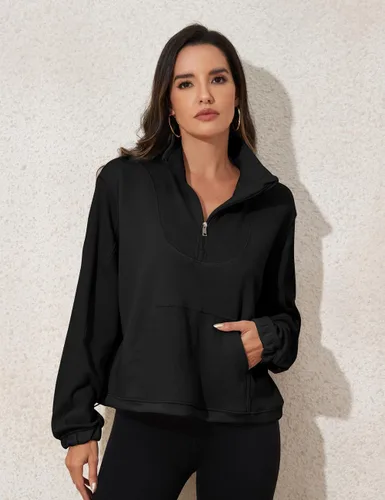 Vista 6 de kayamiya Sudadera corta con cremallera y cuello alto y cordón ajustable para mujer, con bolsillos