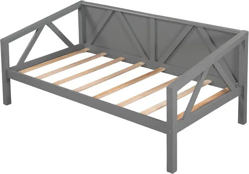 Vista 4 de Merax Marco de cama de día de madera de granja con soporte de listones de madera, sofá cama con patas resistentes, no necesita somier, tamaño Gris