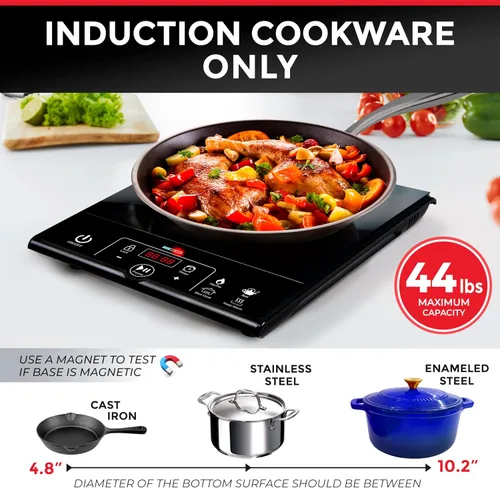 Vista 2 de Mueller RapidTherm - Cocina de inducción portátil, placa de cocción de 1800 W, quemador de encimera, 8 niveles de temperatura, temporizador, apagado