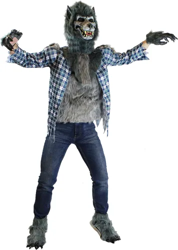 Vista 4 de Spooktacular Creations Boy Howling Werewolf Deluxe Costume with Mask, Werewolf Claws Gloves, Boot Covers, Wolf Costume Kids