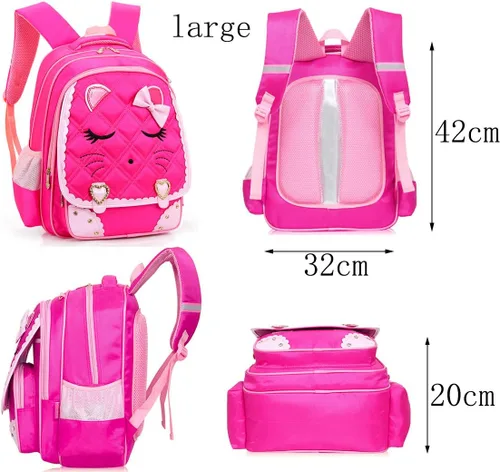 Vista 6 de Bonita mochila escolar rosa con lazo de diamante brillante impermeable para niñas, Rosado, M