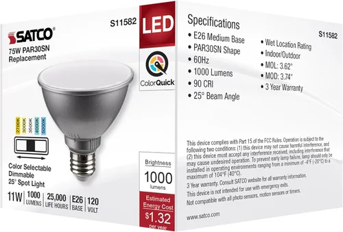 Vista 7 de Satco S11582; LED PAR30SN de 11 vatios; base media; acabado plateado; CCT seleccionable; 120 voltios; ángulo de haz de 25 grados