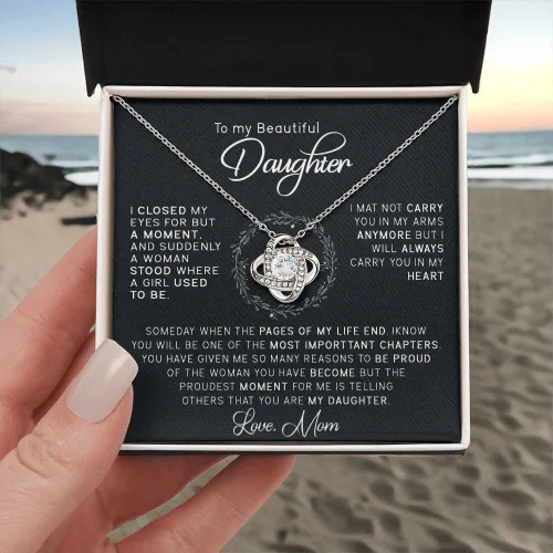 Vista 7 de John-dhh Collar con texto en inglés "To My Beautiful Daughter", regalo de mamá a hija, collar de nudo de amor, regalo de graduación, regalo