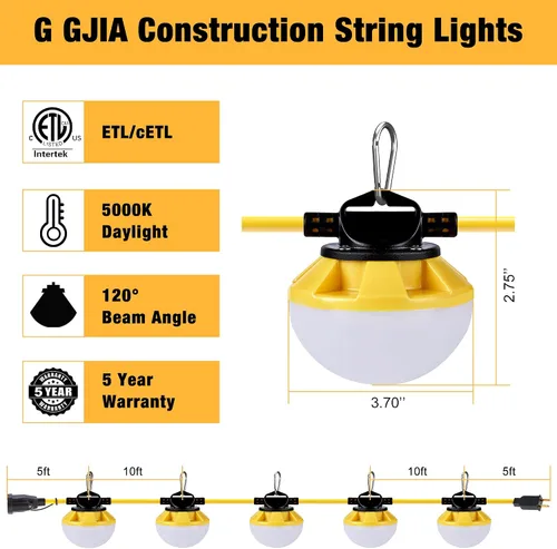 Vista 7 de Luces de cadena de construcción de 50 pies con jaula protectora, luces de trabajo LED de cadena impermeables IP65, luz diurna 5000K con cable 18AWG