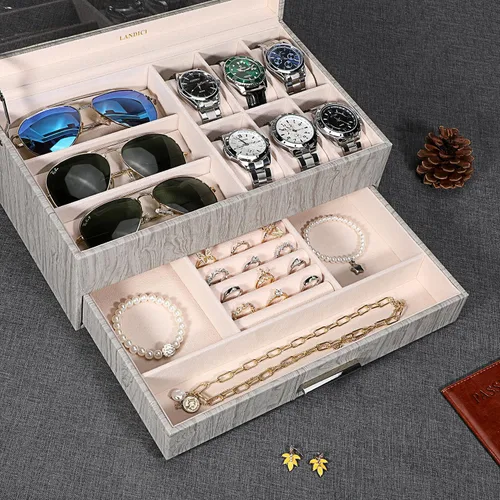 Vista 2 de LANDICI Caja organizadora de relojes para hombres y mujeres, 2 capas y 6 ranuras de piel sintética con parte superior de cristal, soporte grande