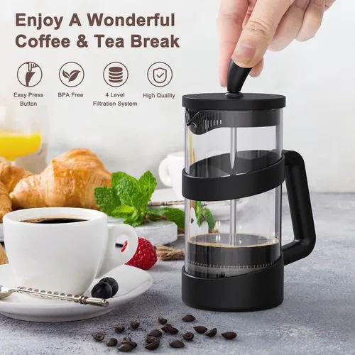 Vista 2 de RAINBEAN Mini cafetera de prensa francesa, 12 onzas, olla de prensa de café para campamento, prensa francesa pequeña, prensa de té y leche espumada