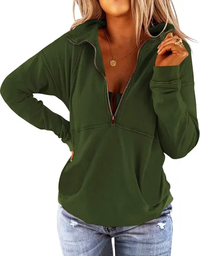 Vista 20 de Floral Find Women's Long Sleeve Lapel Half Zip Up Sweatshirt Solid Stylish Loose Fit Casual Pullover Tops B-Azul marino
