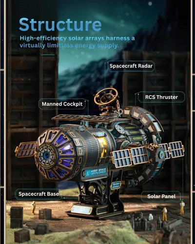 Vista 3 de Celestigon Station - Rompecabezas de madera 3D motorizados para adultos – Juego de construcción de estación espacial interestelar montada
