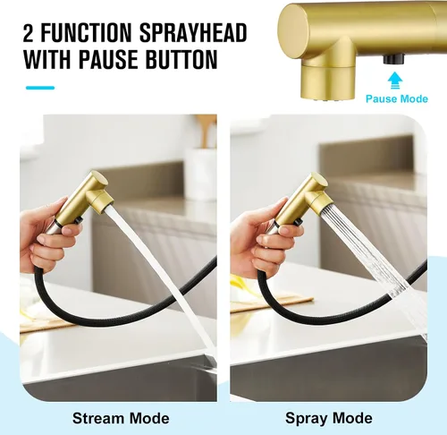 Vista 3 de CREA Grifo de Cocina Dorado con Pulverizador Extraíble - Grifo para Fregadero de Baño y Utilidad - Manija Única, 3 o 1 Agujero