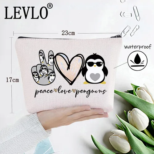 Vista 2 de LEVLO Pingüinos divertidos cosméticos maquillaje bolsa de regalo amante de los animales paz amor pingüinos maquillaje cremallera bolsa de pingüinos
