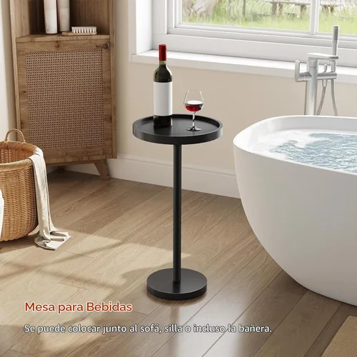 Vista 2 de HOOBRO Mesa auxiliar redonda pequeña, mesa de bebidas de bambú, mesa de café Martini con acento de pedestal para espacios pequeños en sala de estar