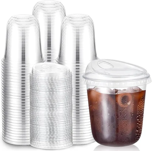Vista 18 de Baderke 100 vasos de plástico con tapas para sorber, fondo redondo, vasos de café de plástico desechables con tapas, tazas de cristal transparentes