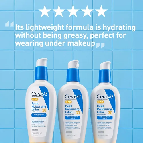 Vista 5 de CeraVe AM Loción hidratante facial con SPF 30, hidratante facial sin aceite con SPF, formulado con ácido hialurónico, niacinamida y ceramidas,