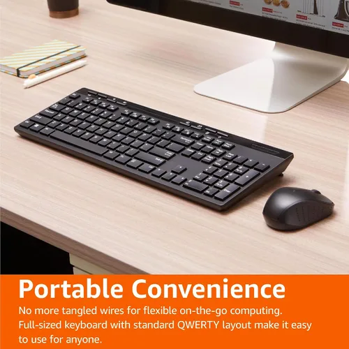 Vista 6 de Amazon Basics - Combo de teclado y mouse inalámbricos, tamaño completo, diseño QWERTY, receptor USB Plug & Play de 2.4 GHz, diseño elegante