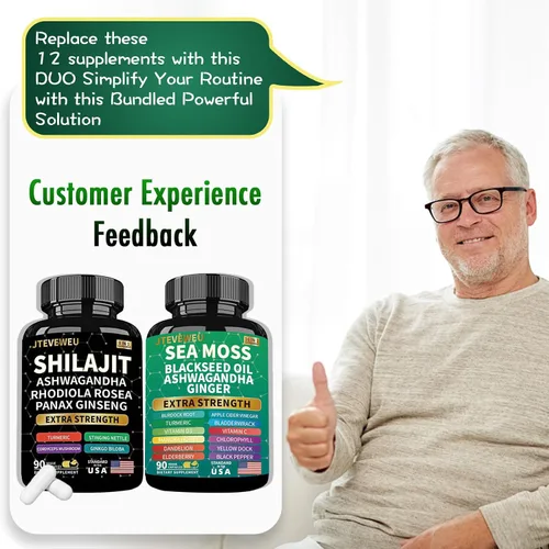 Vista 6 de Paquete de shilajit y musgo marino - 90 unidades - Musgo marino, Ashwagandha, Shilajit, Rhodiola Rosea y jengibre, suplementos todo en 1