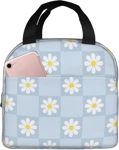 Vista 14 de Lonchera Kawaii con diseño de margaritas azules para mujeres y hombres, bonita lonchera aislada con bolsillo frontal para el trabajo, picnic y viajes