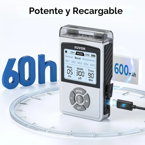 Vista 5 de AUVON - Unidad TENS Digital Recargable, Estimulador Muscular con Batería de 600 mAh, Máquina TENS con 8 Modos Personalizables, Masajeador Eléctrico