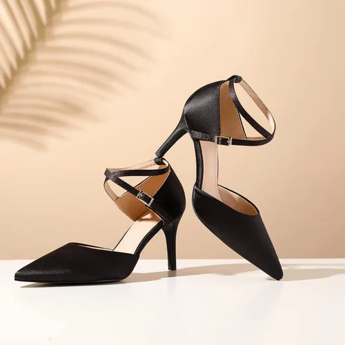 Vista 3 de RIBONGZ Zapatos de boda para mujer, con purpurina, punta puntiaguda, tacones altos, sexy, con correa al tobillo, zapatos de vestir para fiesta
