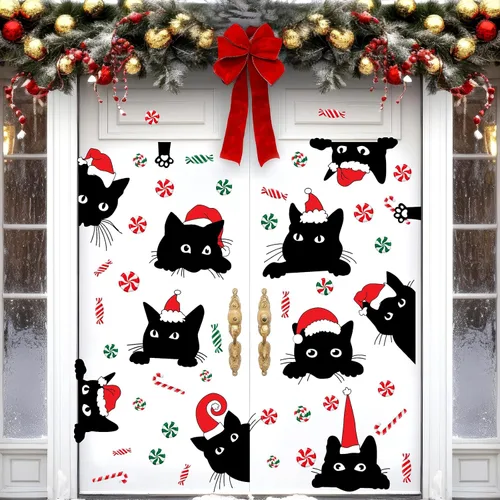 Vista 4 de Adhesivos de ventana de Navidad para ventana de Navidad, gato negro y menta, calcomanías de pared para decoración de ventanas de tienda de vidrio