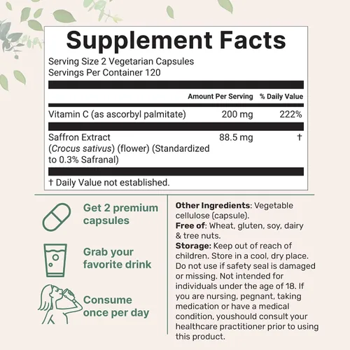 Vista 2 de Micro Ingredients Extracto de Azafrán Puro, 240 Cápsulas Vegetales Fórmula 2 en 1 con Vitamina C Liposoluble de Alta Absorción Apoyo