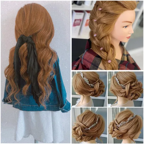 Vista 3 de Cabeza de maniquí de cabello humano con hombros y plataforma de 24 a 26 pulgadas, muñeca femenina, maniquí de entrenamiento, cabeza de maniquí